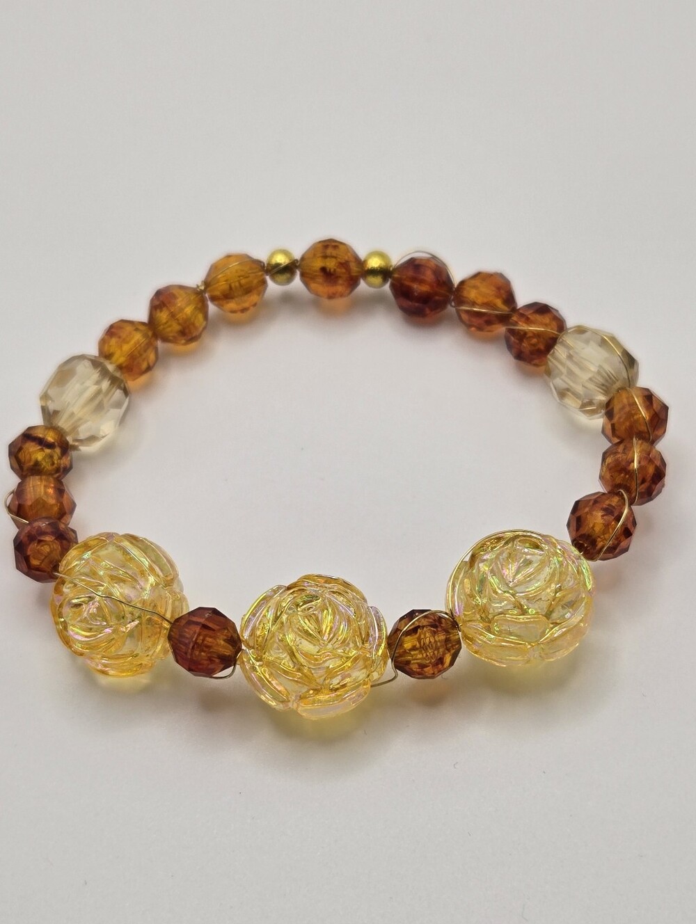 Faceted Amber Tone Floral Bead Bracelet Handmade Jewelry Orange And Gold